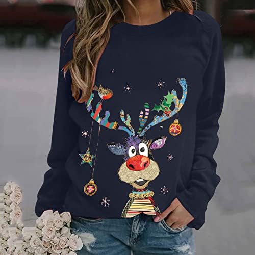 Грд Божиќен џемпер женски смешни симпатични ирваси печати со долги ракави кошули паѓаат врвови новини Божиќни екипаки џемпери
