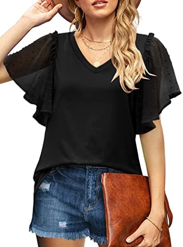 Бофел врвови за жени обични летни кошули со ракави на ракави против маички со вратот лабава облека за вклопување