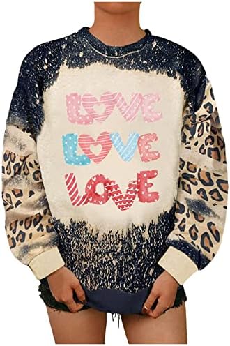 Печатено џемпер на Денот на в Valentубените на Денот на в Valentубените за жени мека и удобна основна пулверска екипаж на леопард печатење дуксери