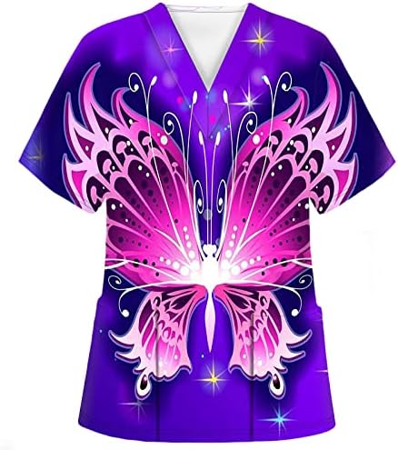 SCRUB_TOPS за жени со кратки ракави со кратки ракави V-вратот за работа Работна униформа маица трендовски пеперутка печатење
