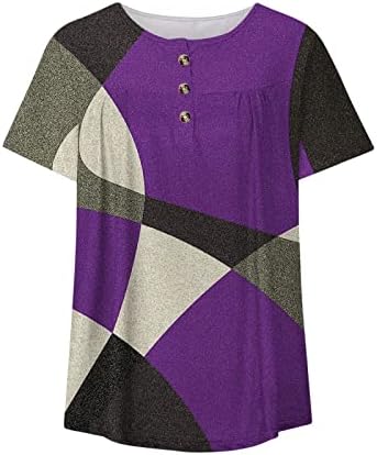 Женски кошули трендовски плус големина краток ракав против вратот Туника врвови лабави лежерни кошули Контраст во боја геометриски