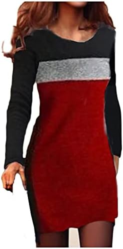 Lcziwo Women'sенски каросериски блок во боја мини пулвер фустан Тркалезниот врат тенок фит есен зимски врвови со долги ракави фустани фустани