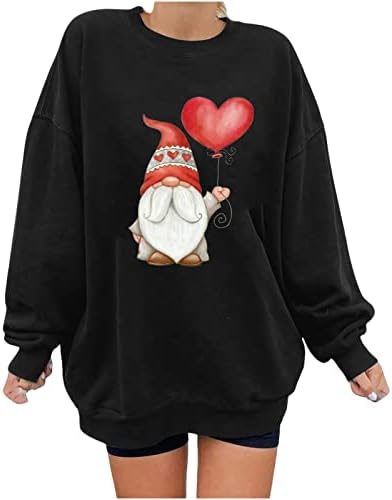 Маичка за ден на в Valentубените за жени преголеми пуловер врвот симпатична гнониска графичка кошула со долга ракав обична блуза
