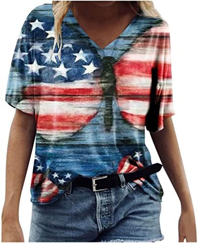 Денот на независноста на женската обична мода летна летна маица со врат за вратот, печатено кратки ракави, врвови на врвови