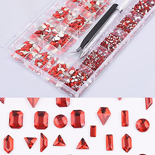 7600pcs 30 Стилови црвени кристали стакло рамен бек за нокти облик на облик на монистра, накит со украси за украси, пинцети + вежба
