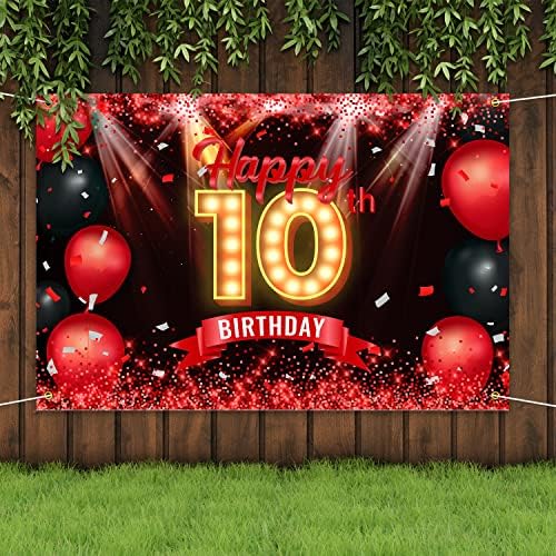 Среќен 10 Ти Роденден Банер Позадина Црвена И Црна 10 Години Позадина Бдд Украси За Девојки Момчиња Фотографија Партија Материјали Сјајот