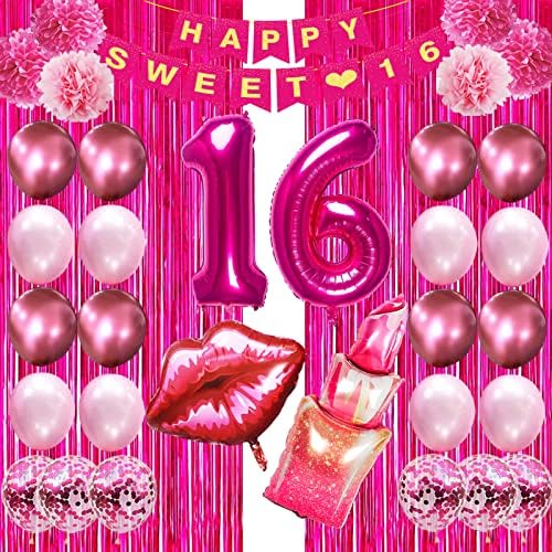 Критичари Топло Розова Слатка 16 Роденденски Украси За Девојчиња-Среќен Сладок 16 Роденденски Банер, 24 Роденденски Балони, 2 Завеси