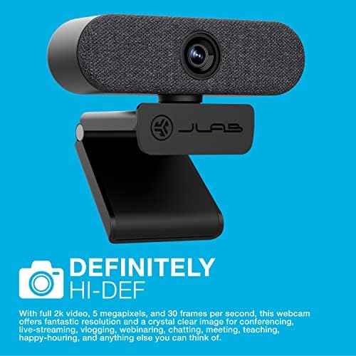 JLAB EPIC CAM USB HD веб -камера | Црна со изборна плоча за бело лице | Целосен 2K/30 FPS, 5 мегапиксели | Авто-фокус | Двојни омни-насочени