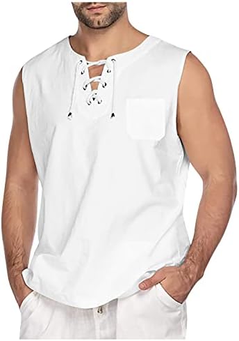 Машки памук ленен резервоар на горниот дел од цврста кошула без ракави, лесна кошула со лесна маичка нагоре