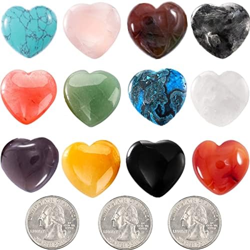 12 парчиња камења во форма на срце, 1 инч природен чакра заздравување кристал камен, срцева loveубов Загрижена камења карпи
