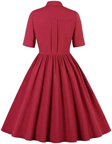 Lutенски летни фустани 2023 Гроздобер Цврсто јака на вратот на вратот надолу по краткиот ракав фустан за забави за миење на миди