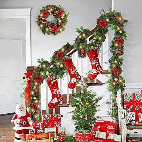 САКАШ-КУЛ Претходно осветлена Божиќна Венец Од 6 Стапки Со Светла За Влезната Врата, Декорација На Венец Со Божиќна Обвивка Со Црвено Злато