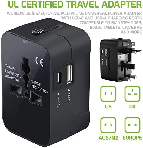 Travel USB Plus Меѓународен адаптер за електрична енергија компатибилен со LG M200N за светска моќ за 3 уреди USB Typec, USB-A