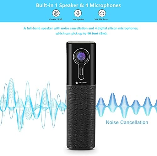 Веб-камера на конференција на Tongveo 2K со микрофон и звучник, камера за видео конференција се-во-еден со паметно следење на лице на АИ, USB