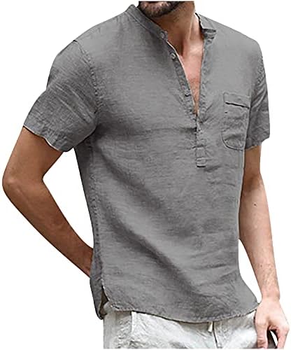 Машки постелнина Хенли кошули Обични маички со кратки ракави со летни плажа летни плажа врвови со џебови