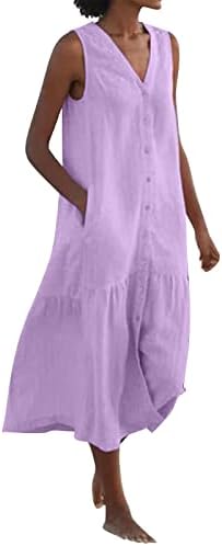 IaqnaOCC фустани за жени случајно лабава памучна постелнина копче надолу без ракави за вртење на вратот со џеб