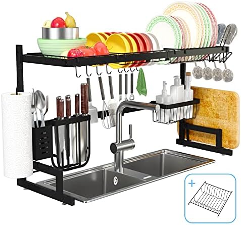 Алптично над решетката за сушење на садот за мијалник, решетката за садови со 2 плочи за кујнски организација, ширина прилагодлива