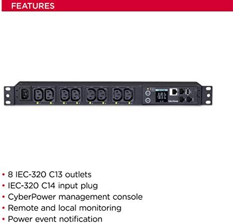 CyberPower PDU81004 Префрлен метар-по-излез PDU, 100-240V/15A, 8 продажни места, 1U RackMount
