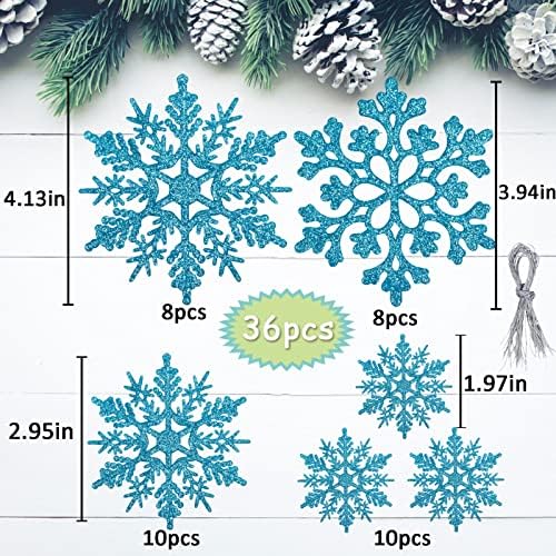 Орнаменти од 36 парчиња сини снегулки пластични сјајни снежни снегулки за зимски украси за новогодишни елки со големина варираат занаетчиски