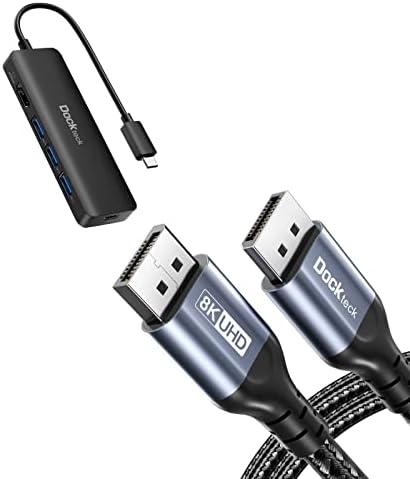 USB C Hub & 8K DisplayPort Cable, Dockteck USB-C мултипорт адаптер 5-во-1 | 3 ft DP до DP Ultra Port Coder со голема брзина