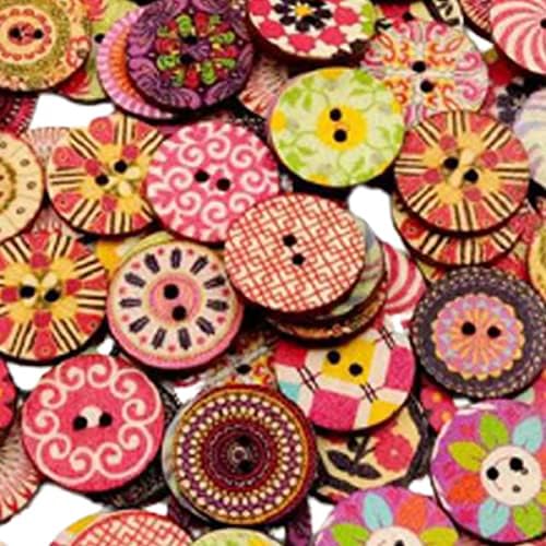 Wepetyo 300 парчиња насликани дрвени копчиња, гроздобер печатени дрвени копчиња, 2 дупки разновидни цветни сликарски тркалезни ретро копчиња