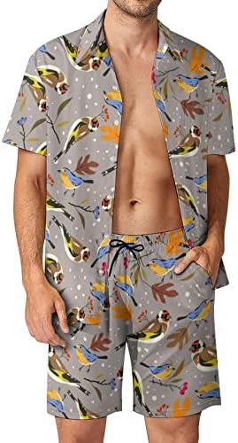 Weedkeycat есенски птици Goldfinch и Robin None Man's Beach Outfits 2 парчиња Хавајски копче надолу со кошула кратки ракави сетови