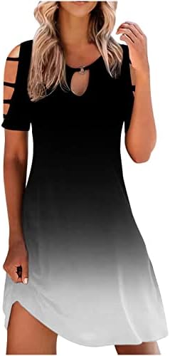 Ymadreig женски ладен фустан на рамото, шуплив мини фустан тенок фит туничен фустан, цветен печатен печатење летен обичен фустан
