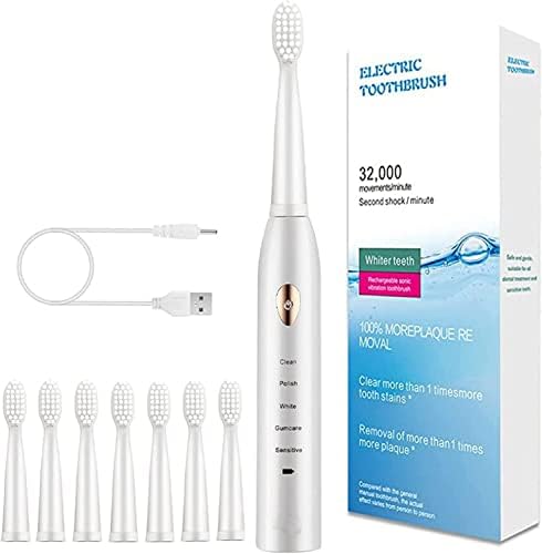 Електрична четка за заби на TT & Louis USB - Паметен 5 -брзински тајмер со 8 глави за четки за замена IPX7 водоотпорни пополнети заби за чистење на забите за возрасни, 8.27x0.98x0.98i