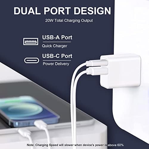 [Сертифициран Apple MFI] Брз полнач на iPhone, 20W двојна порта PD3.0 USB-C + USB-A Wallиден полнач за испорака на електрична
