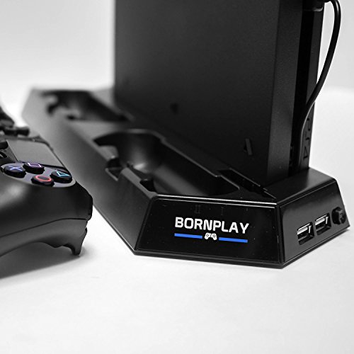 Bornplay Slimstation: PS4 Тенок Вертикален Држач Со Вентилатор За Ладење и Двојна Станица За Полнење За Контролори-Вклучува USB Центар