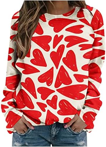 Oplxuo џемпери за жени слатки loveубовни срцеви графички кошули со долги ракави екипаж на вратот на вратот на вратот, обичен подарок