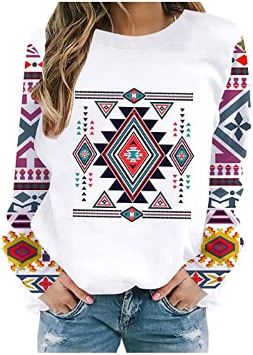 Западен Ацтек Етнички печатени маици со маици за есенски модни маички за џвакање со долги ракави кошула лабави врвови