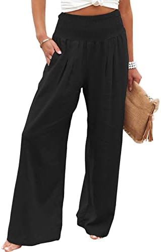 Lioraitiin жени памучни постелнина панталони еластични високи половини лабави широки нозе палацо салон спортски јога панталони со џебови