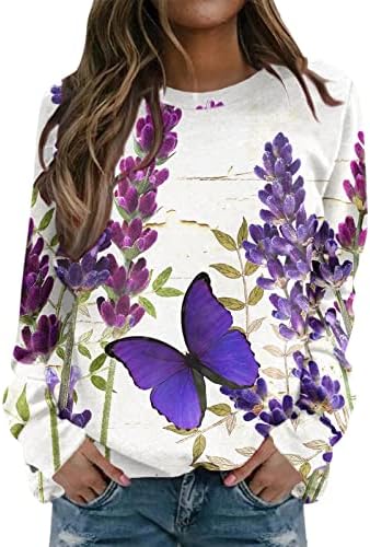 Kcjgikpok врвови за жени мода пеперутка цветни печатени џемпери o-врат за џемпери, лежерни кошули со врвови на долги ракави, врвови