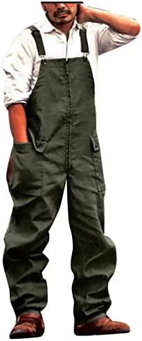 Менс работни панталони ретро цврста боја лабава плус големина комбинезони случајни големи џебови суспендирани панталони