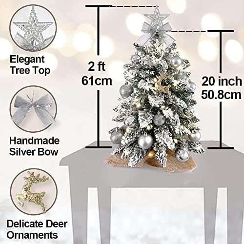 Мини новогодишна елка за таблети, 20in сребрена маса Топ Исклучиво мали новогодишни елки вештачки ， со LED светла за канцеларија/дома/кафуле