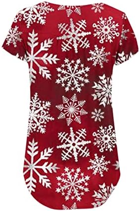 Christmasените Божиќна снегулка печати маица Краток ракав V-врат Туника Торн Скриј стомак лабава проточна блуза Обична кошула
