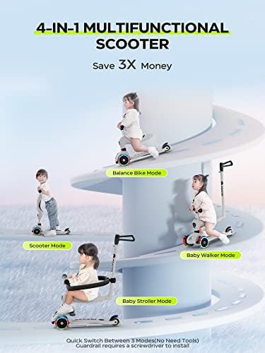 Скутер за дете од 4-во-1, Детски скутер со трепкачки тркала, 360 ° бебешки ограда и прилагодлива родителска лента и седиште и Т-бар,