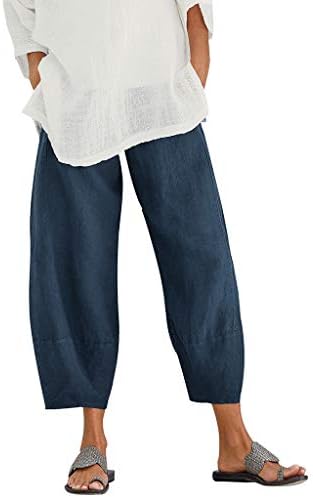 Панталони за жени Гуфесф Капри за жени, женски памучни постелнини, плус големина еластична половината со висока половината капри