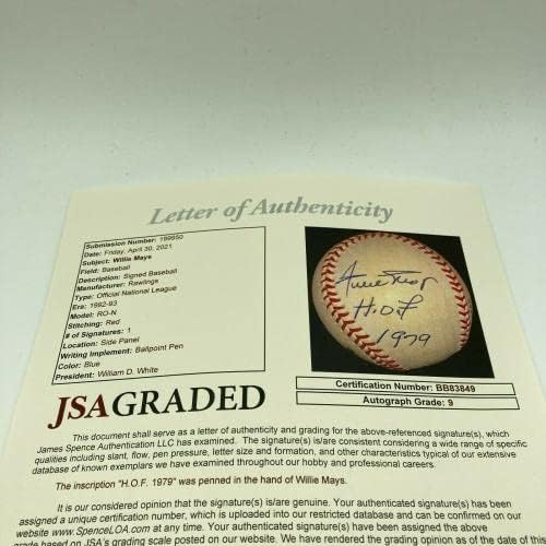 Зачудувачки Вили Мејс „Hall of Fame 1979“ потпиша бејзбол JSA COA оценет нане 9 - автограмирани бејзбол