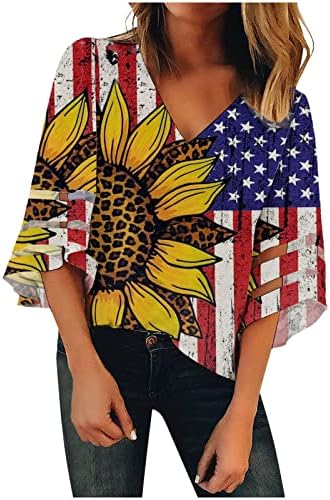 Женска каприта крпеница блуза лето есен 3/4 ракав против вратот Денот на независноста графичка блуза маичка за дами