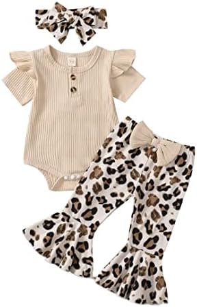 Бекарси бебе девојче облека за новороденче ребро, кратки ракави ромпер леопард, разгорени панталони, лента за глава, летна облека,