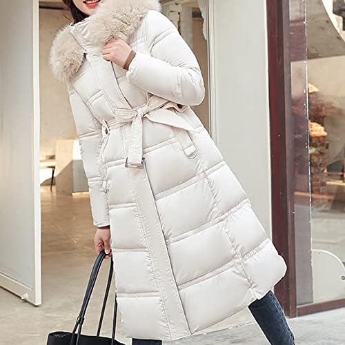 Долна јакна за жени зима задебели долги палта, поставени ватирани ватирани тенок, тенок топол пуфер Парка јакни со аспиратор со крзно