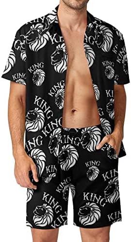 Weedkeycat Кралот на џунглата, машката плажа на плажата 2 парчиња Хавајско копче надолу со кошула Краток ракав и сет на ситници за шорцеви