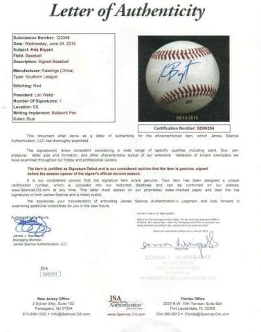 Крис Брајант потпиша автограмиран пред дебитант игра во Јужна лига користеше бејзбол ЈСА - МЛБ автограмирана игра користена бејзбол