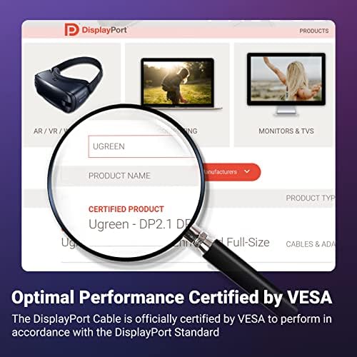 Ugreen DisplayPort 2.1 Кабел 6.6ft, VESA Сертифициран DP 2.0 Cable DP до DP кабел Поддршка 16K@60Hz, 8K@60Hz, 4K@240Hz 80GBPS HDR, HDCP,