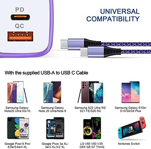 USB C полнач блок, USB C до USB C кабел 6ft, 20W двојна порта PD испорака на електрична енергија+Брзо полнење 3,0 тип Ц Брз блок за полнење за MacBook Pro/Air iPad Pro, Samsung Galaxy S22 Ultra 5G, Google Pixel