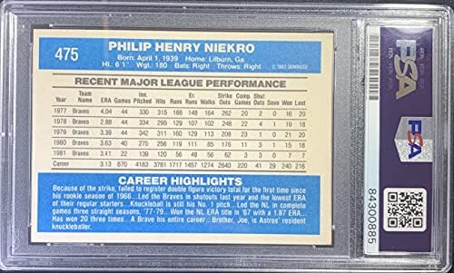 Фил Ниекро Ауто -картичка 1982 Донрус 475 MLB Atlanta Braves PSA Encapsulated