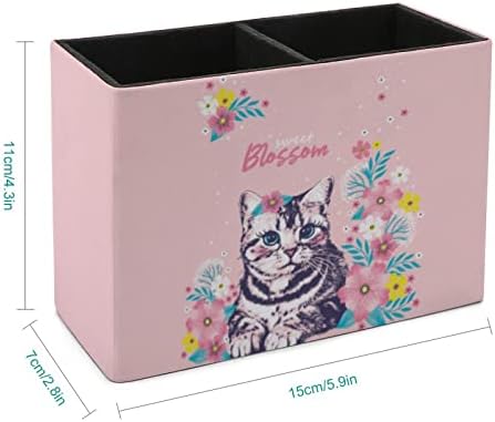 Симпатична мачка што седи во цвеќињата ПУ кожен пенкало чаша за молив држач за држачи за биро за куќиште на кутија за контејнери за канцелариски