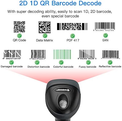 Eyoyo Handheld USB 2D скенер за баркод, жичен автоматски QR код скенер PDF417 Matrix Matrix Bar Code Reader со долг USB кабел за